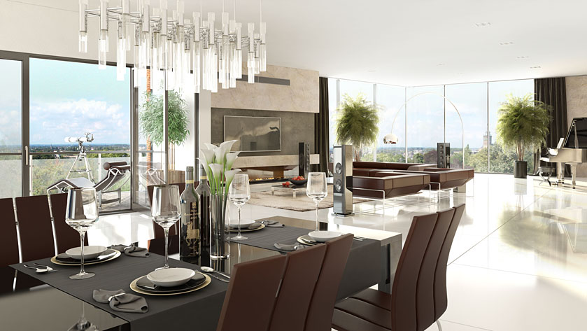luxe penthouse wooning artist impression woonkamer met mooie uitzicht