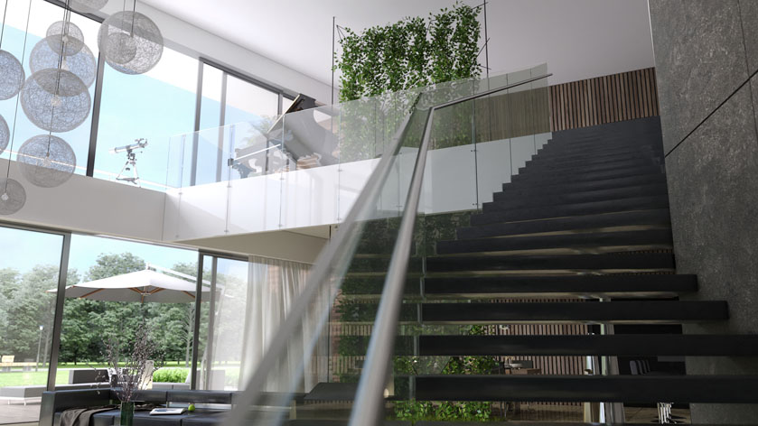 interieur design woonkamer zicht op vide en trap